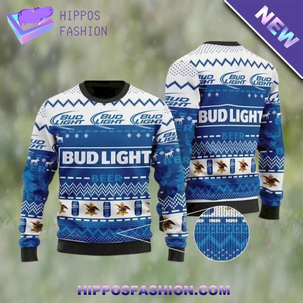 International Beer Day Bud Light Beer White Blue Color Ugly Christmas Sweater
