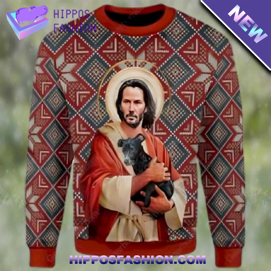Jesus Keanu Reeves With Dog Ugly Christmas Sweater PnDD.jpg
