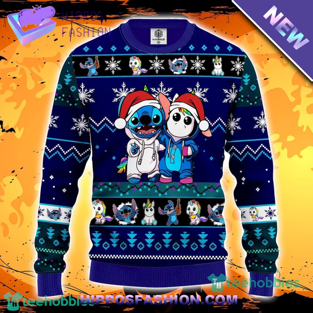 Stitch Unicorn Blue Ugly Christmas Sweater