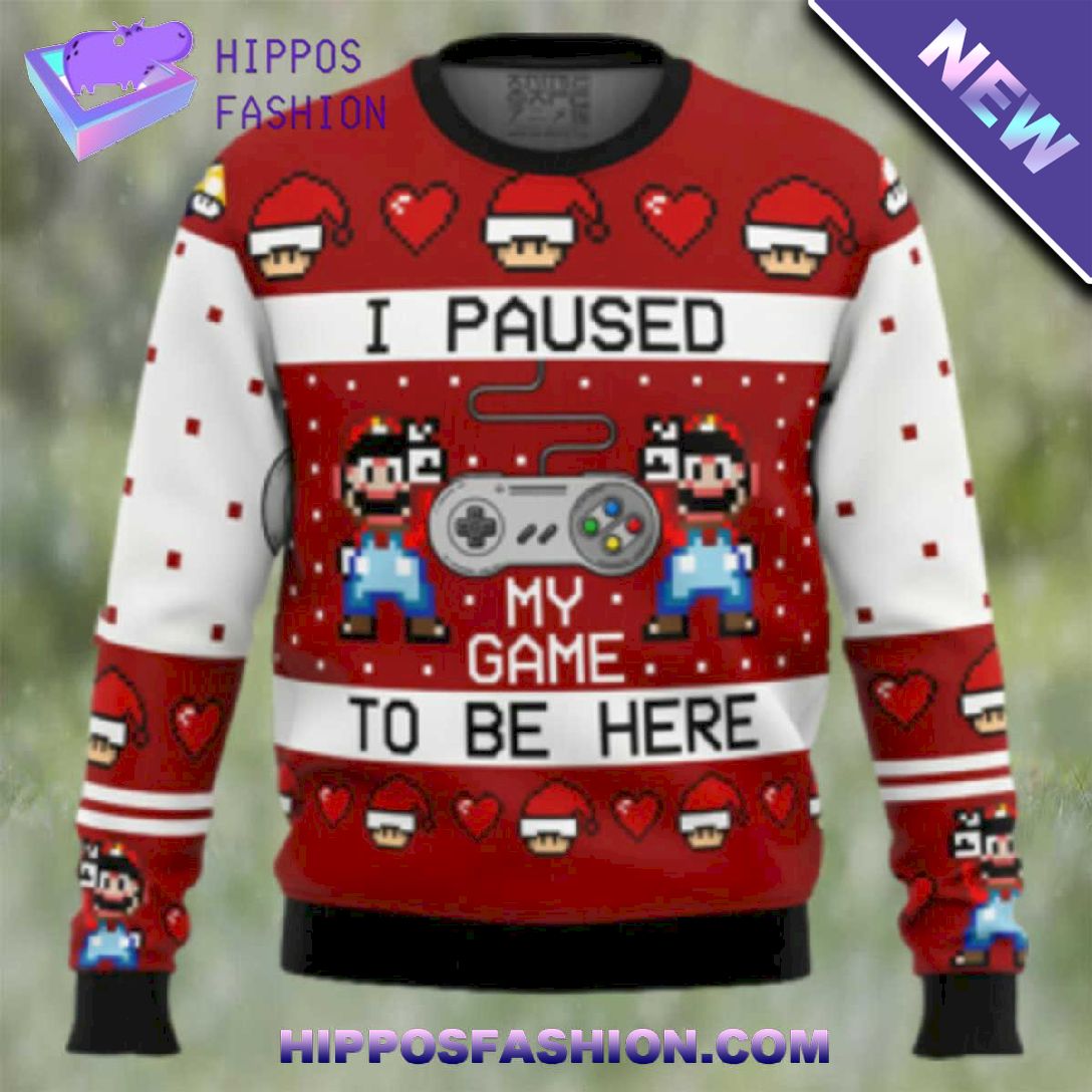Super Mario Pause Game to be Here Ugly Christmas Sweater qKbX.jpg