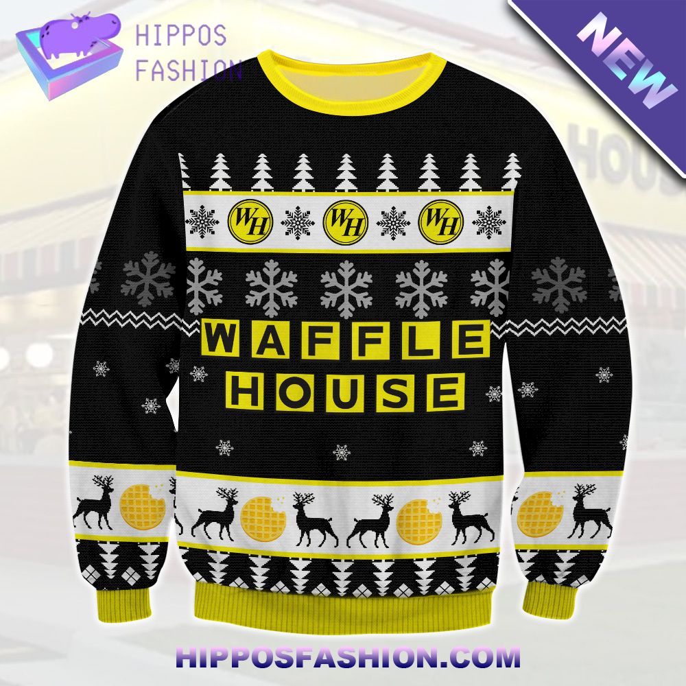 Waffle House Deer Black Yellow Ugly Christmas Sweater