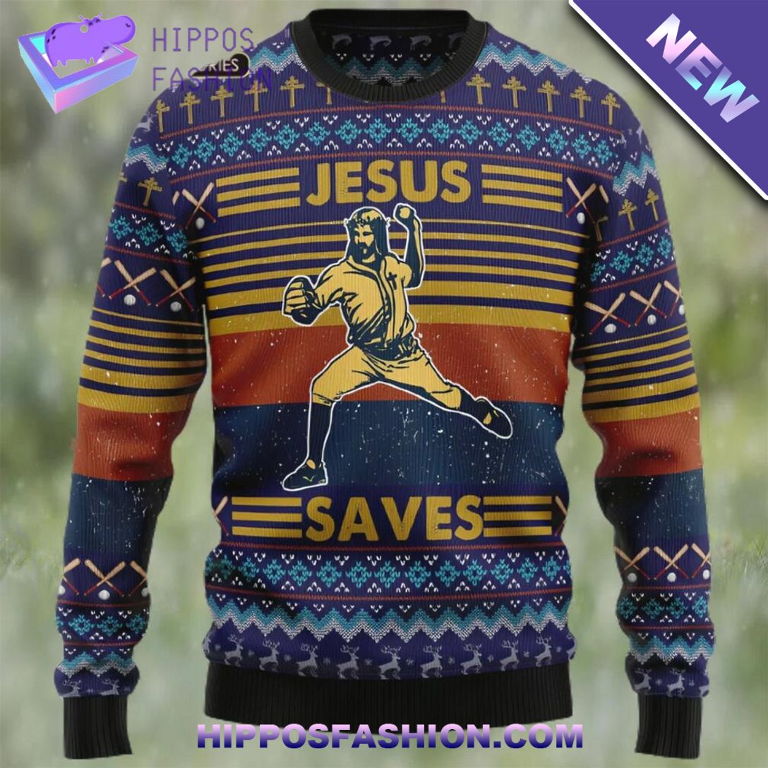 Baseball Jesus Save Ugly Christmas Sweater Unique and sober