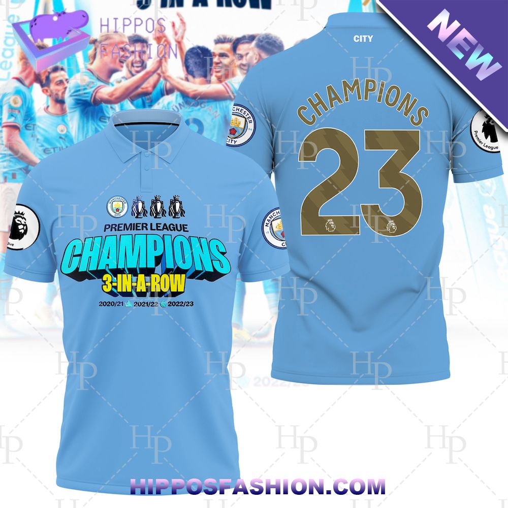 Man City 3 In A Row Champions Premier League Custom Number 3D Polo Shirt