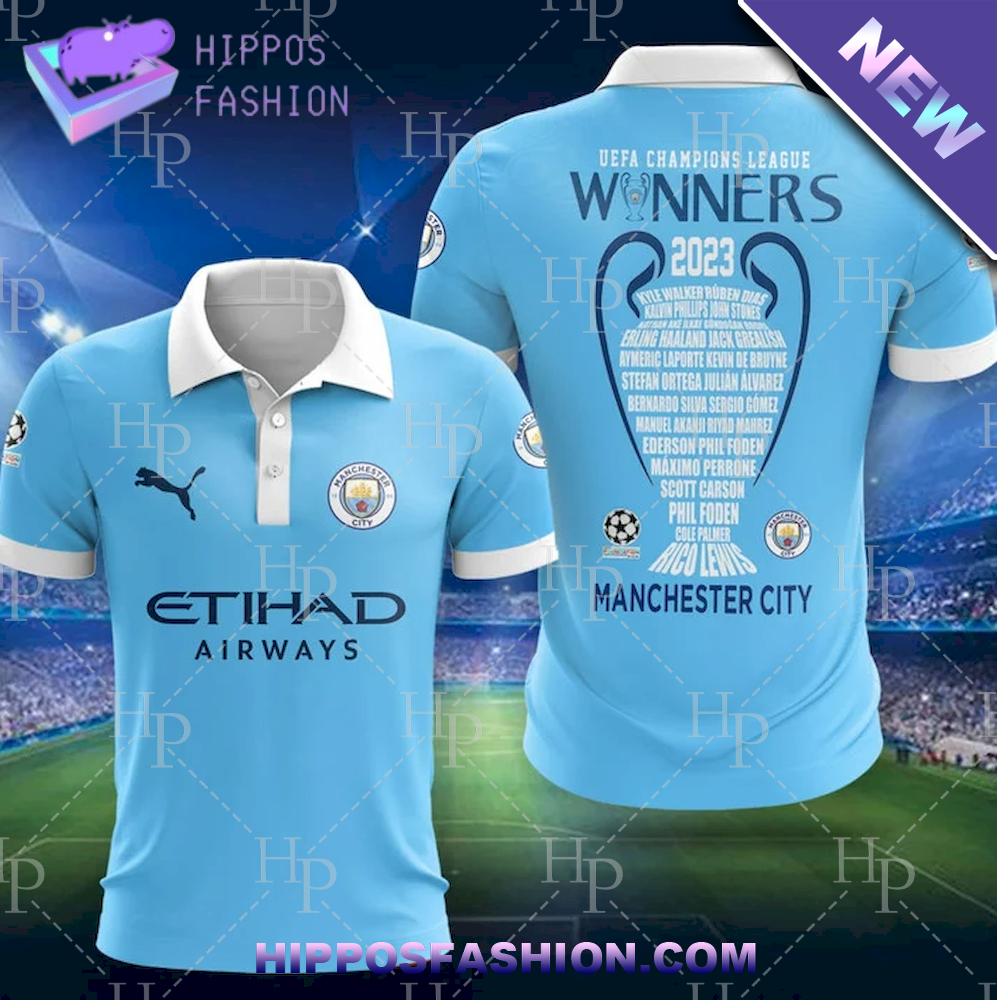 Manchester City UCL Champions Custom Name Polo Shirt