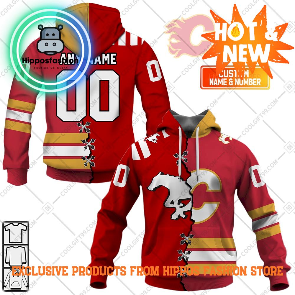 NHL Calgary Flames Mix CFL Calgary Stampeders Jersey Style Personalized Hoodie