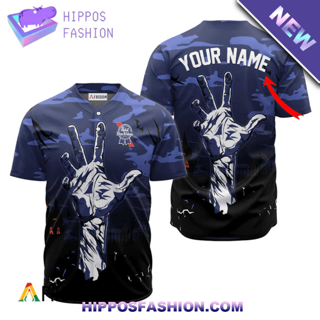 Personalized Pabst Blue Ribbon Zombies Hand Halloween Baseball Jersey sPPY.jpg
