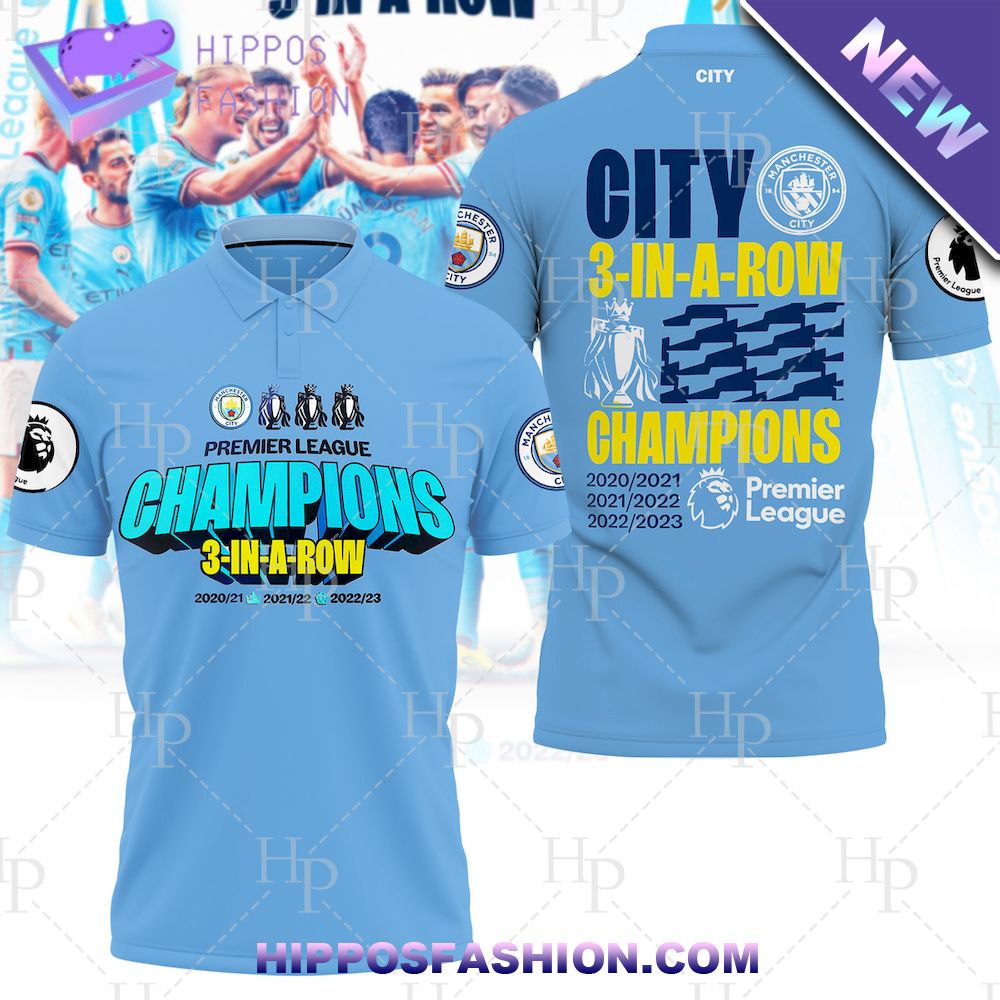 Premier League Champions 3 In A Row Manchester City 3D Polo Shirt