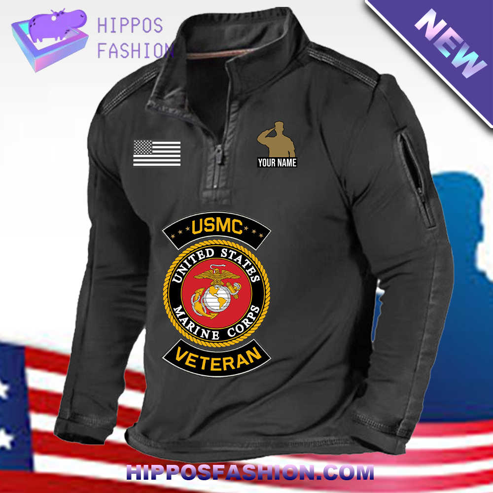 US Marine Corps Veteran Logo Custom Name 1/2 Zip Waffle Top