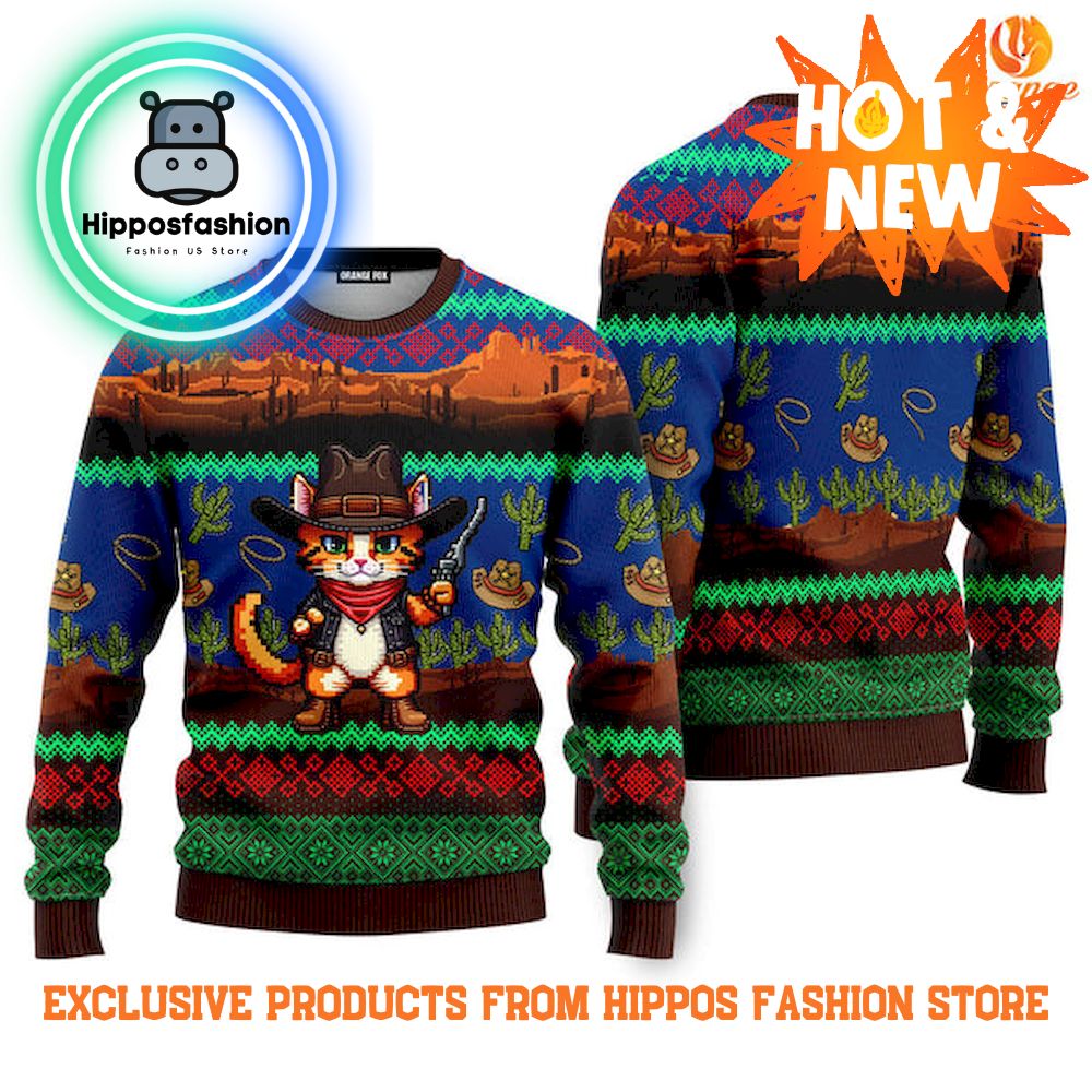 Cool Cat Cowboy Ugly Christmas Sweater