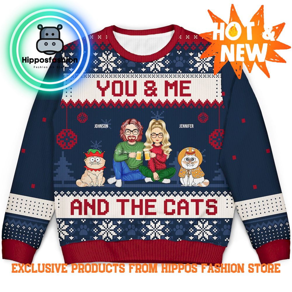 Couple You Me And The Cats Cartoon Christmas Ugly Sweater