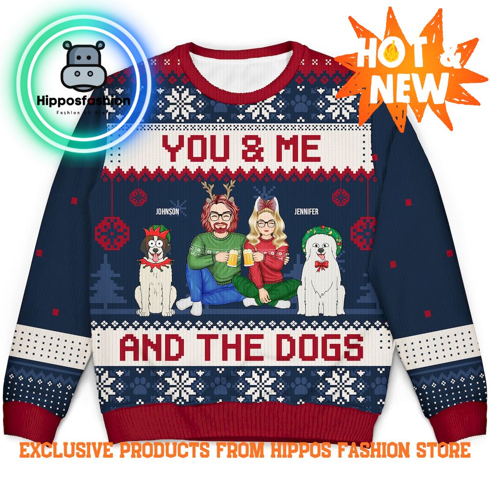 Couple You Me And The Dogs Cartoon Christmas Ugly Sweater