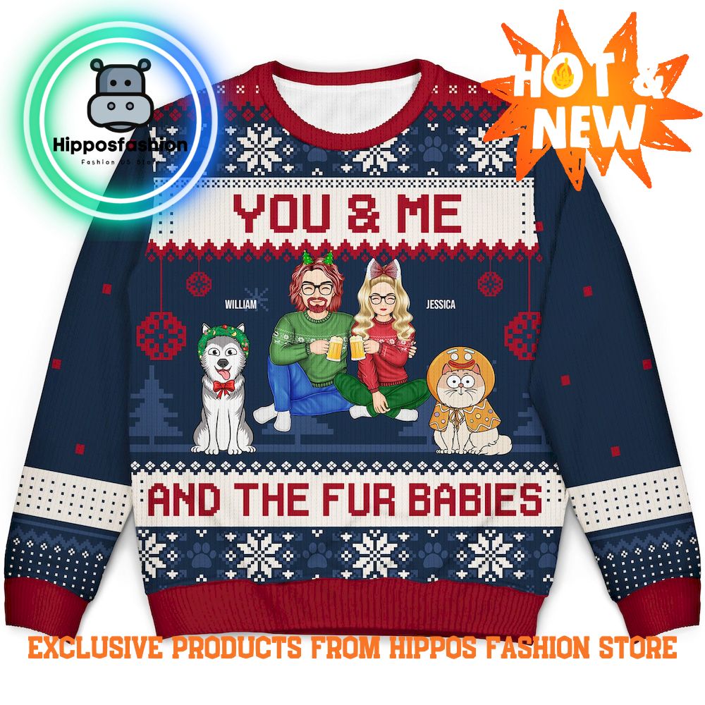 Couple You Me And The Fur Babies Cartoon Style Christmas Ugly Sweater