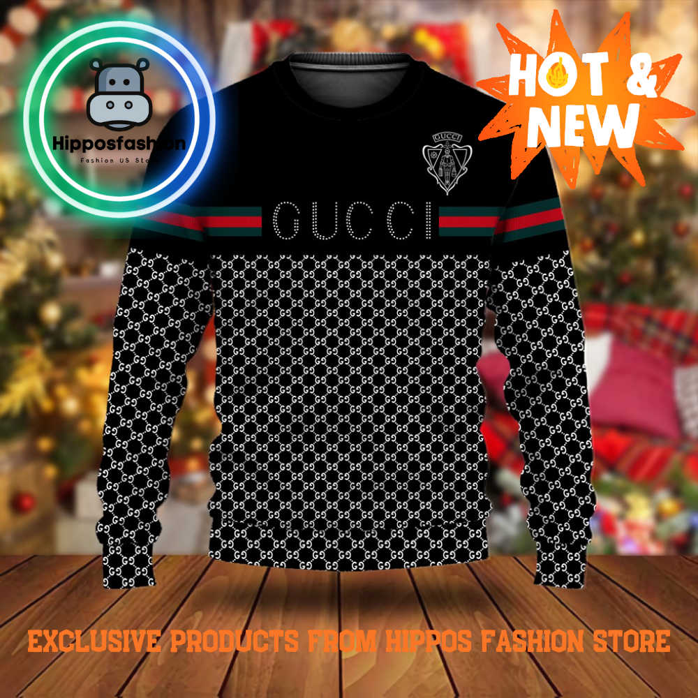 Gucci Green Line Black Luxury Brand Ugly Christmas Sweater fQsq.jpg