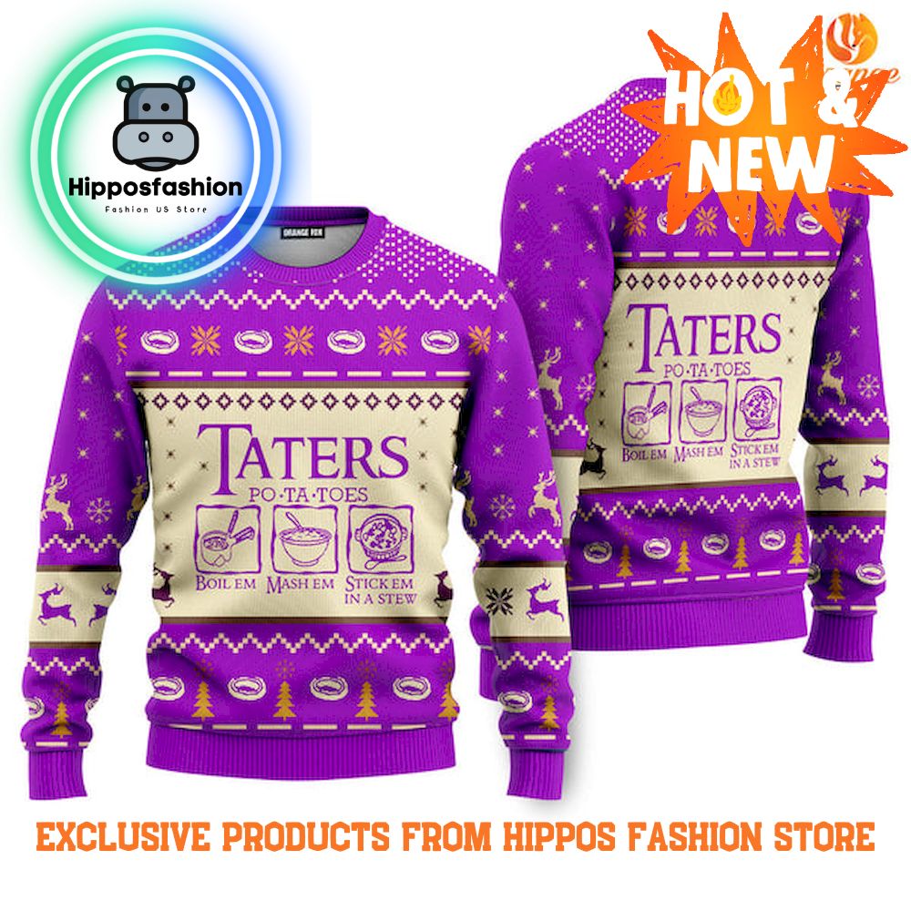LOTR Potatoes Taters Purple Funny Ugly Christmas Sweater ()