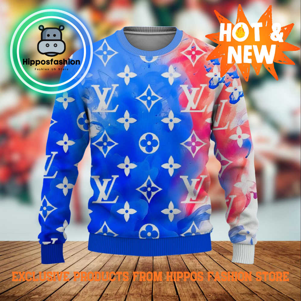 Louis Vuitton Blue Red Brand Luxury Ugly Christmas Sweater FWQkN.jpg