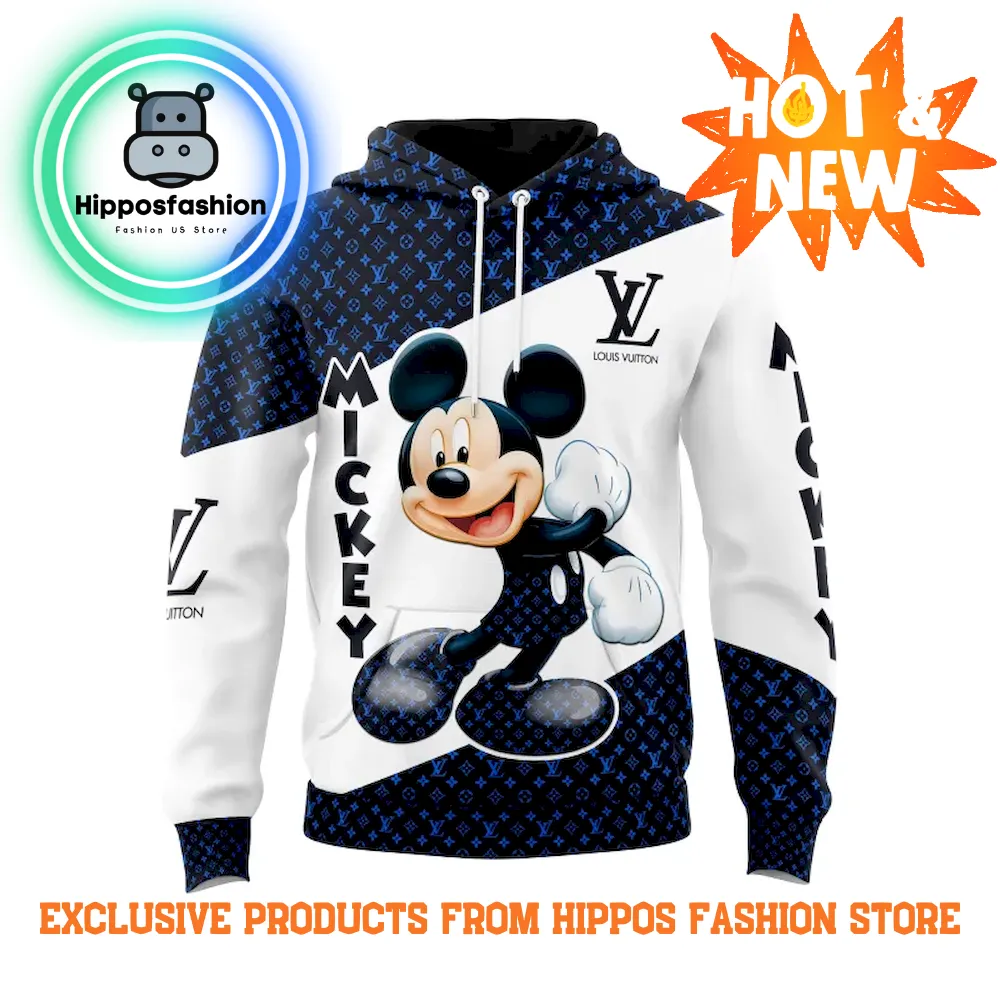 Louis Vuitton Mickey Mouse Blue Logo Black White Unisex Hoodie