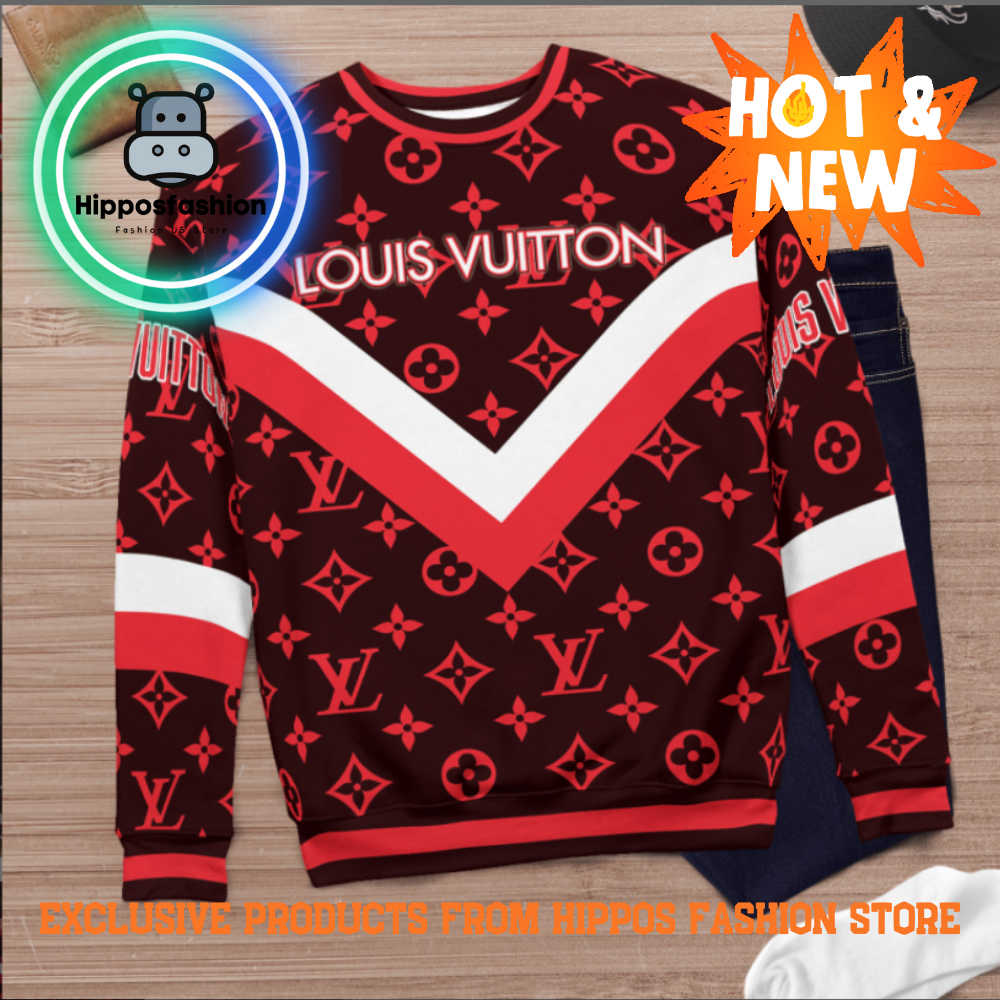 Louis Vuitton White Red Brand Luxury Ugly Christmas Sweater uUQVW.jpg