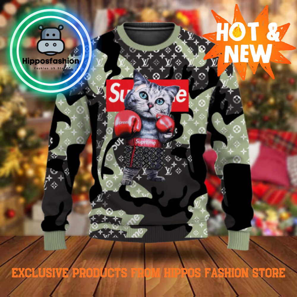 Louis Vuitton x Supreme Cat Brand Luxury Ugly Christmas Sweater NLR.jpg
