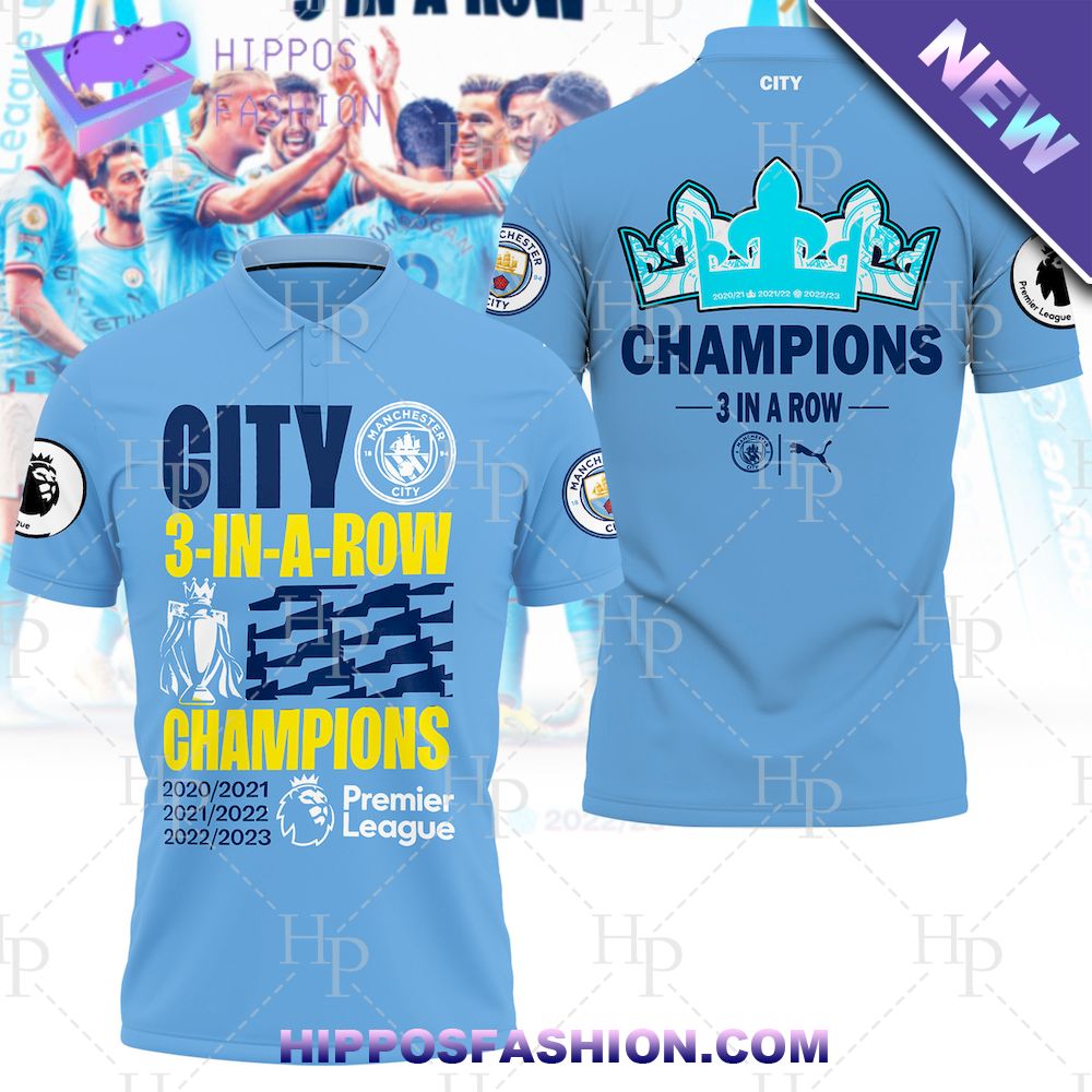 Man City FC Champions 3 In A Row 3D Polo Shirt