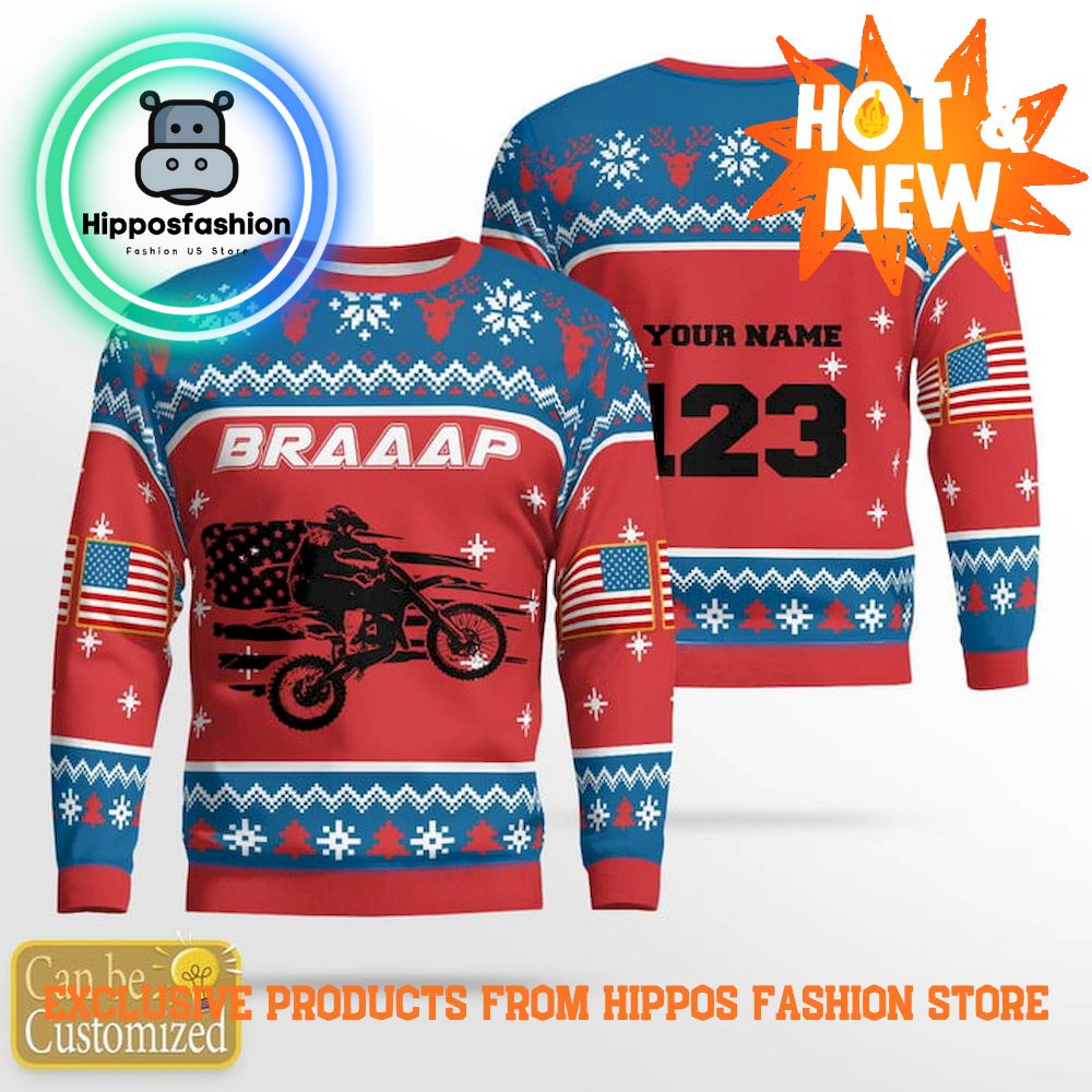 Motocross Rider American Flag Personalized Ugly Christmas Sweater