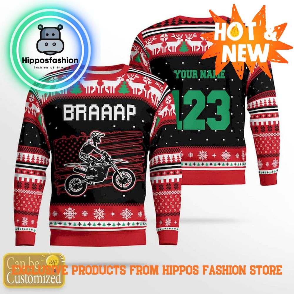 Motocross Rider Braaap Red Black Personalized Ugly Christmas Sweater