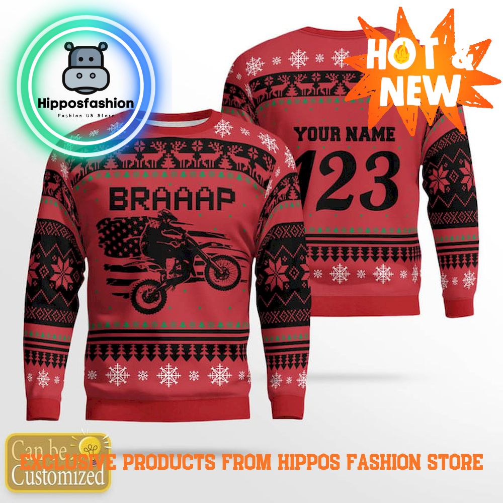 Motocross Rider Braaap Red Personalized Ugly Christmas Sweater