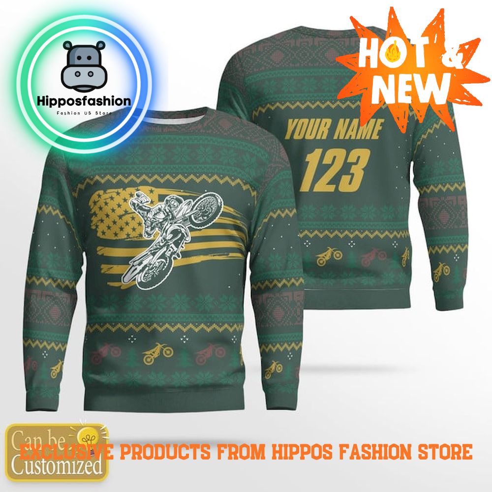Motocross Rider Green Personalized Ugly Christmas Sweater