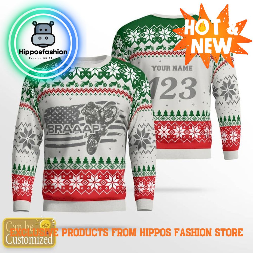 Motocross Rider Green White Personalized Ugly Christmas Sweater ()