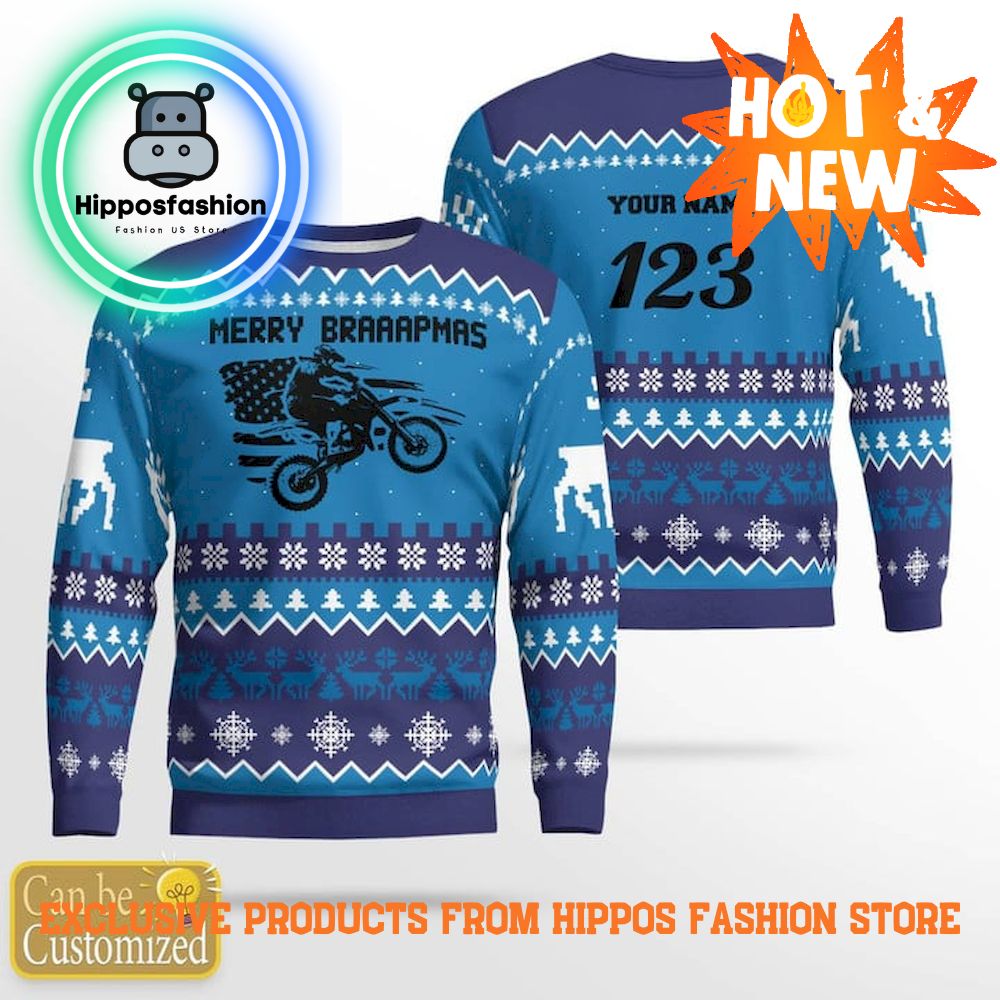 Motocross Rider Merry Braaapmas Blue Personalized Ugly Christmas Sweater