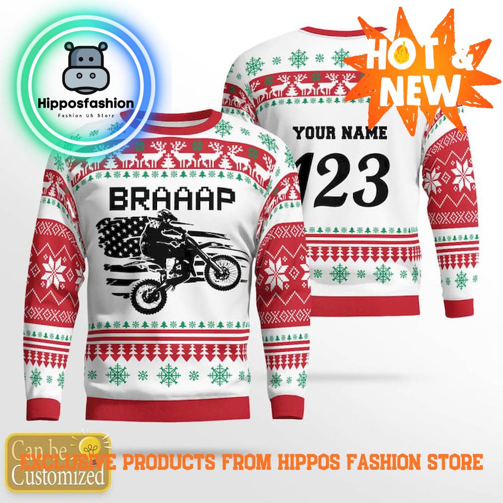 Motocross Rider Red White Personalized Ugly Christmas Sweater