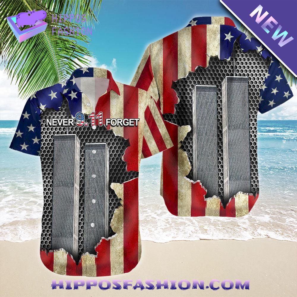 Never Forget Firefighter Twin Towers American Flag Patriot Day Hawaiian Shirt