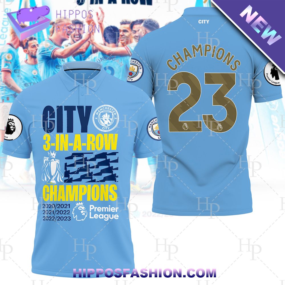 Premier League Champions 3 In A Row Manchester City Custom Number 3D Polo Shirt