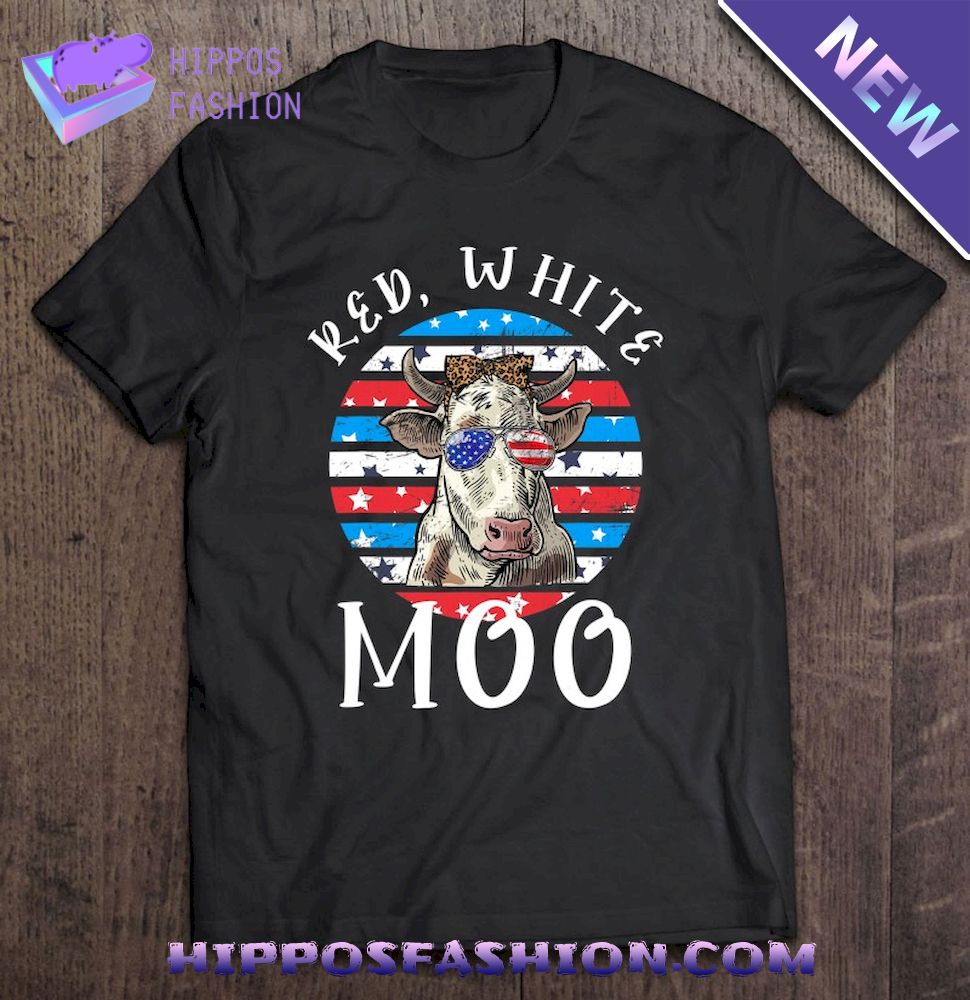 Red White Moo Cute American Cow Farmer 4Th Of July Leopard Shirt