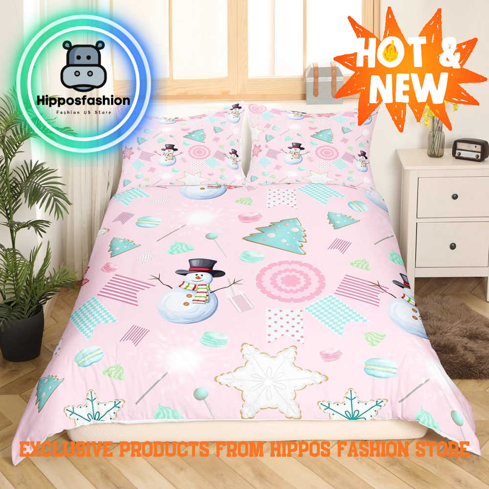 Snowman Christmas Pink King Queen Bedding Bed