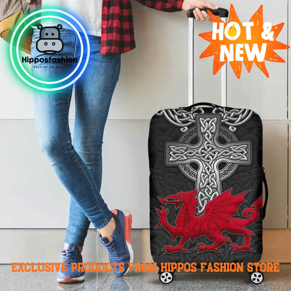 Wales Cymru Dragon With Celtic Cross Black Luggage Cover