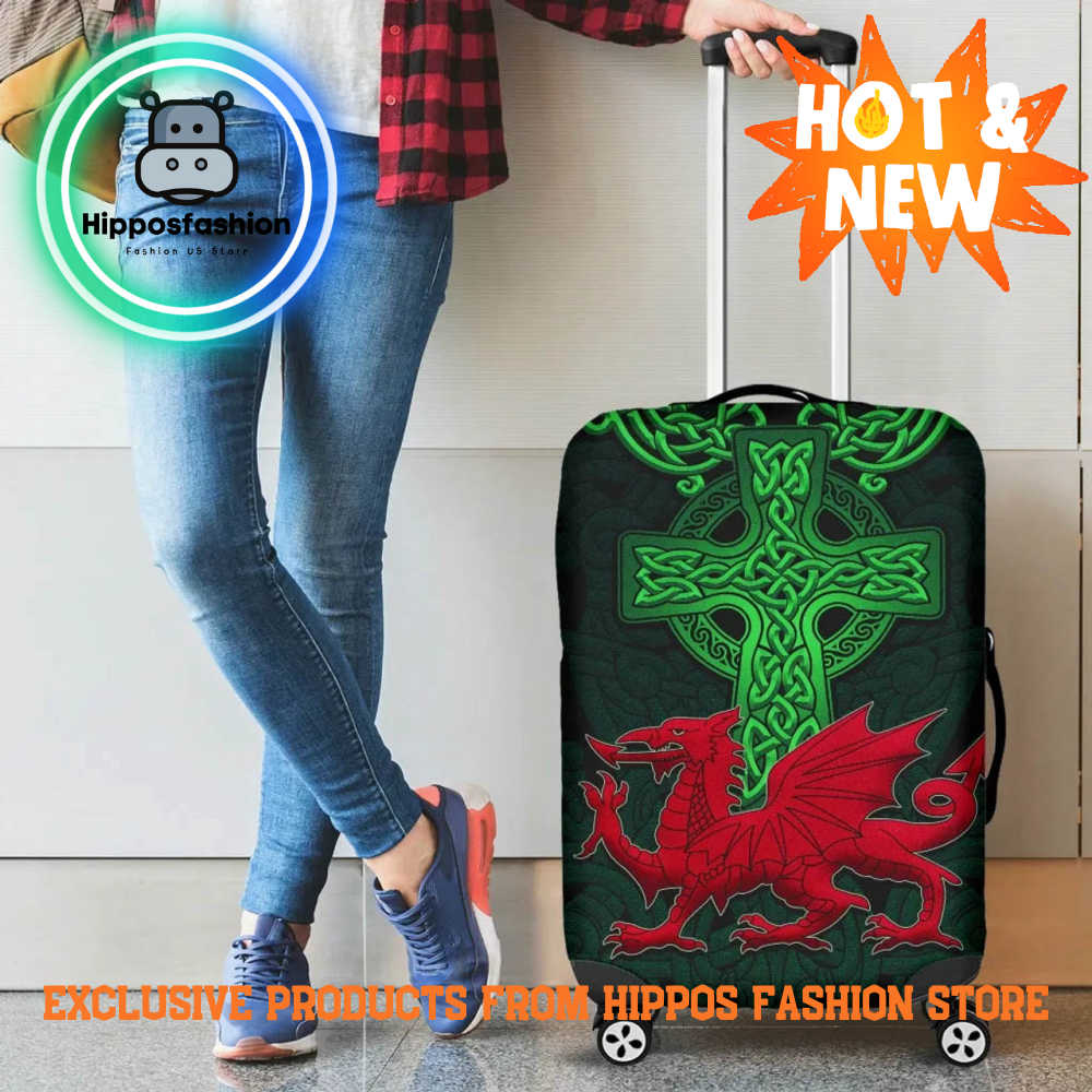 Wales Cymru Dragon With Celtic Cross Green Luggage Cover