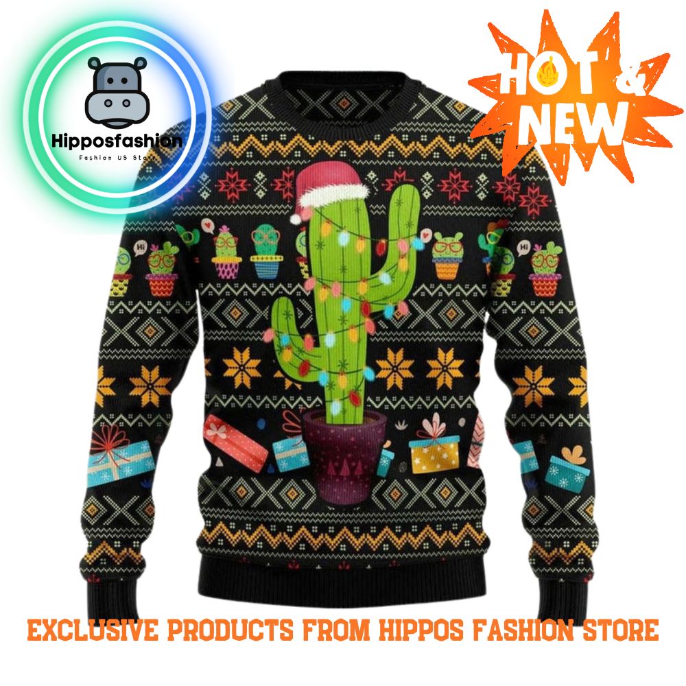 Cactus Wearing Santa Claus Hat Ugly Christmas Sweater